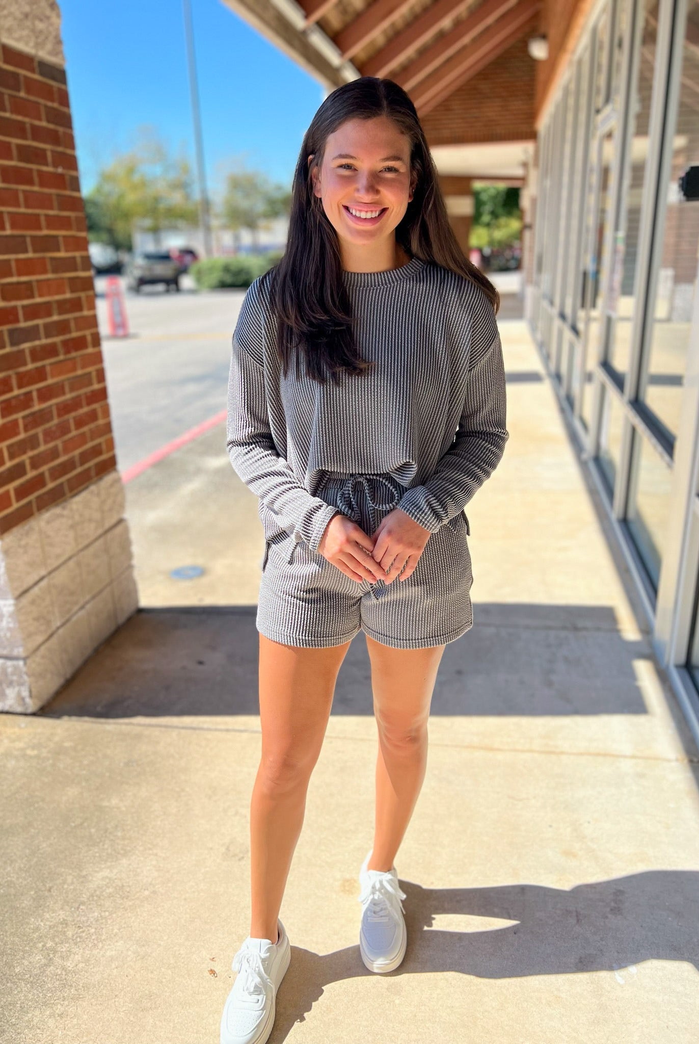 Grey Long Sleeve Ribbed Short Set - A'Bekah's Boutique