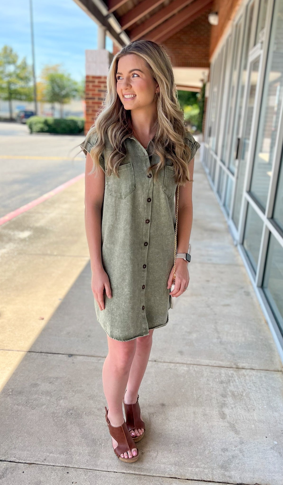 Having Fun Olive Button Down Washed Twill Shirt Dress - A'Bekah's Boutique