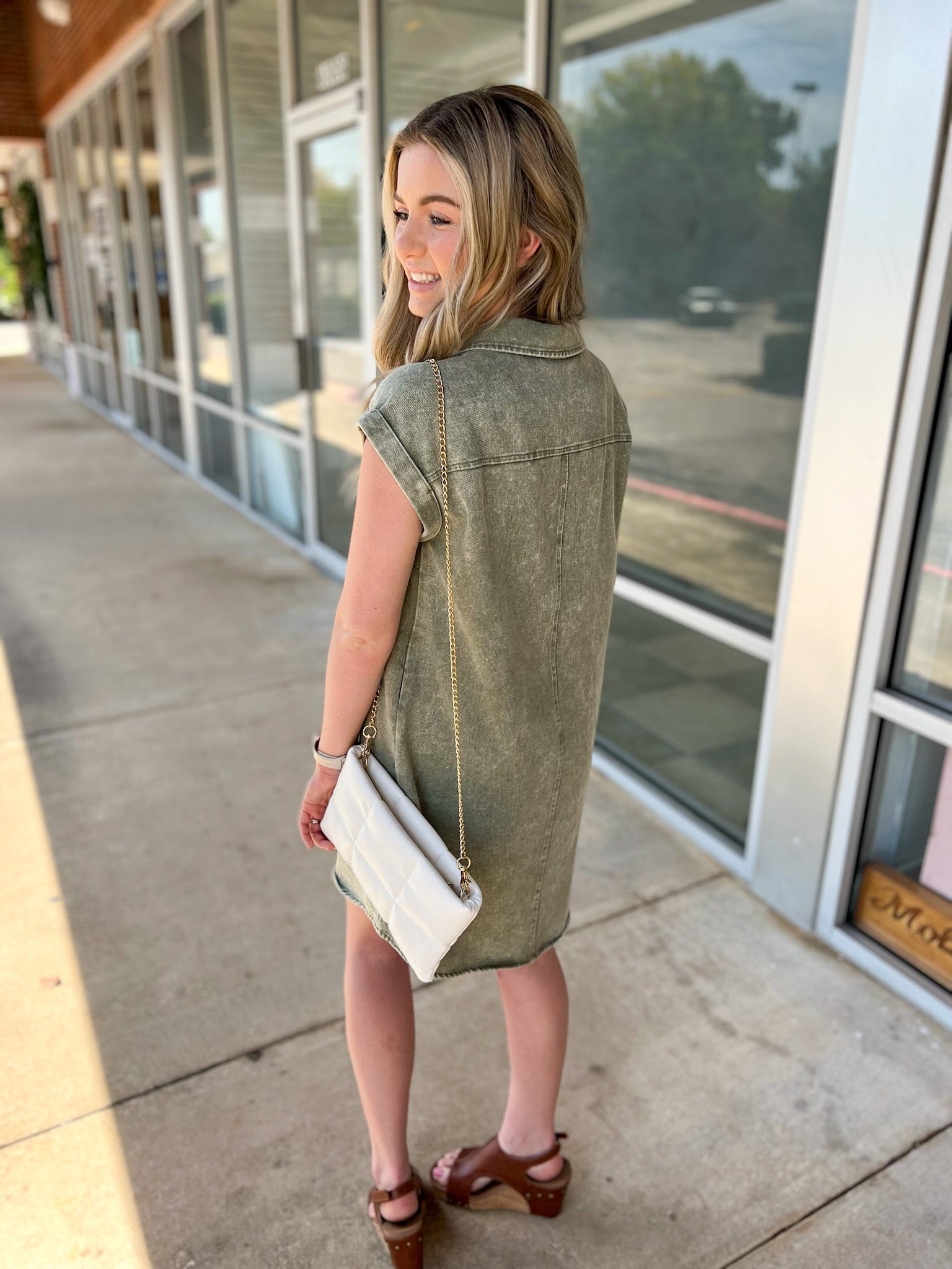 Having Fun Olive Button Down Washed Twill Shirt Dress - A'Bekah's Boutique