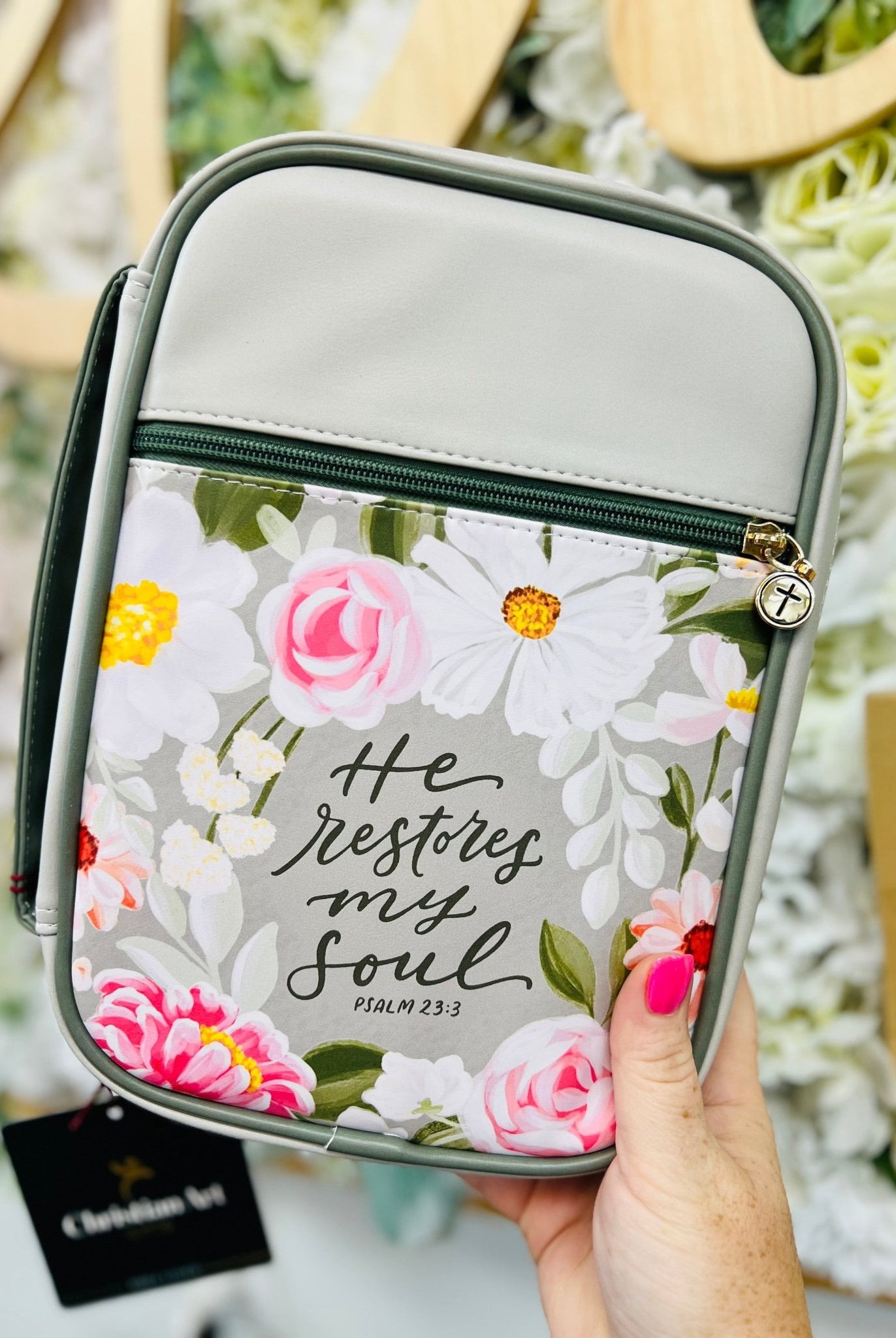 He Restores My Soul Psalms 23:3 Green Floral Bible Cover - A'Bekah's Boutique