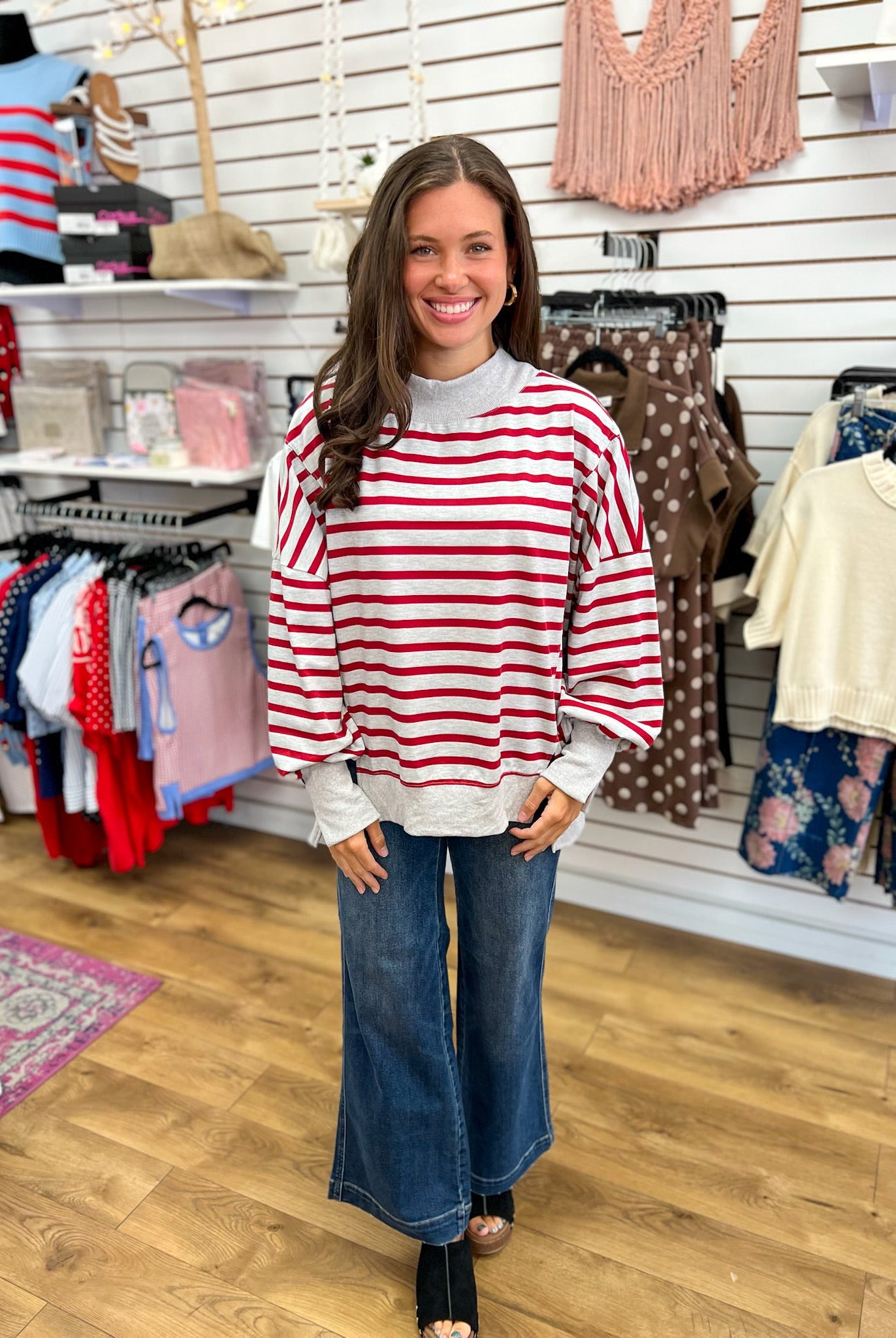 Heather Gray Mock Neck Sweater with Red Stripes - A'Bekah's Boutique