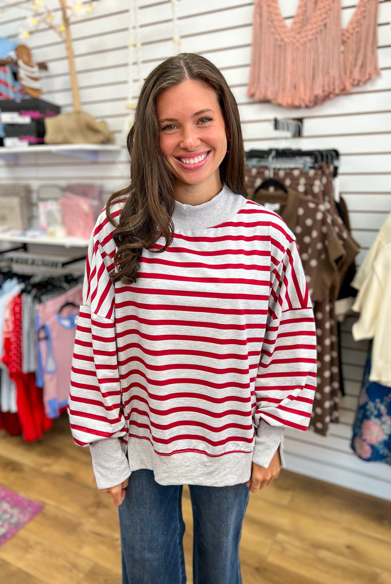 Heather Gray Mock Neck Sweater with Red Stripes - A'Bekah's Boutique