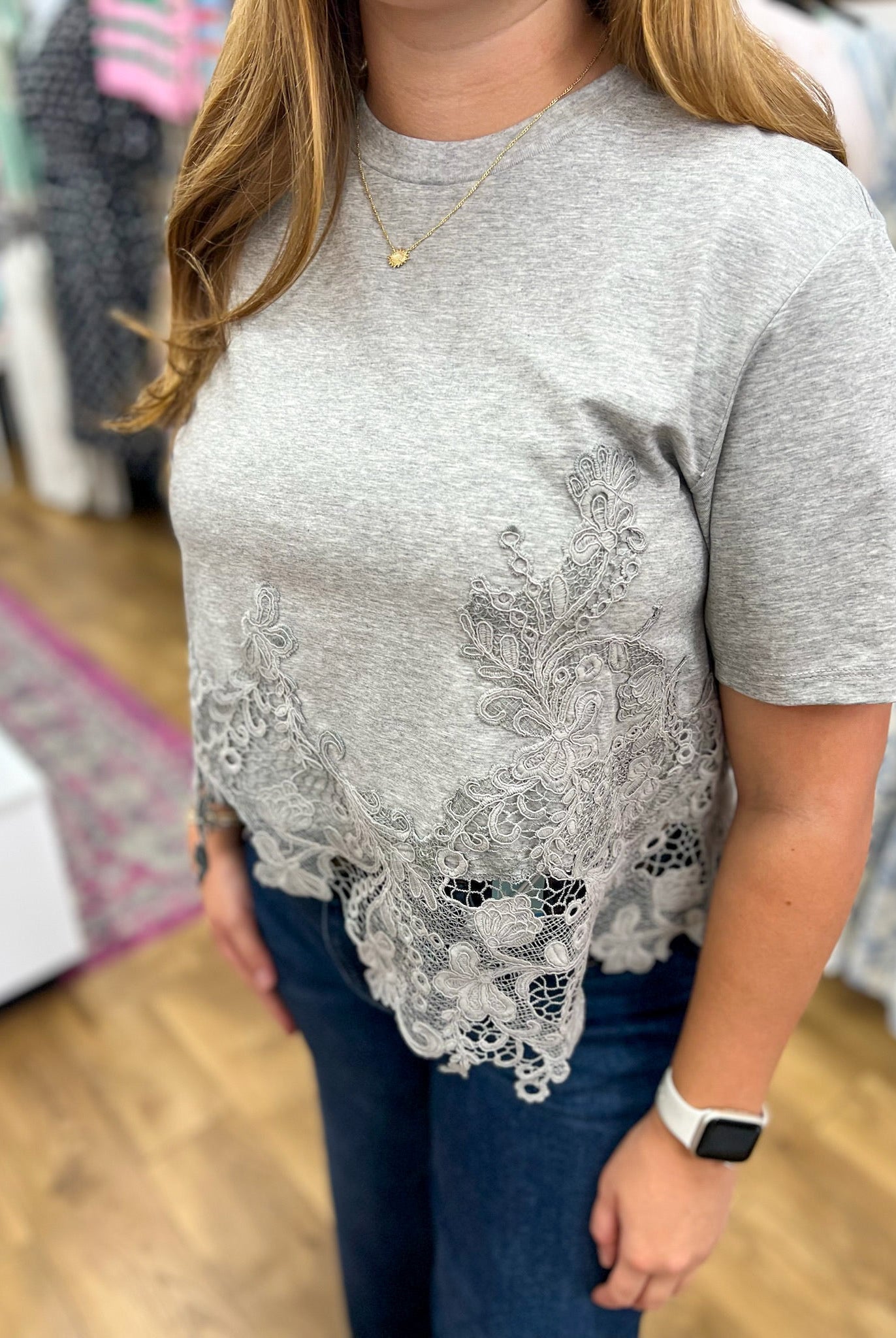 Heather Grey Short Sleeve Cotton Top with Asymmetric Lace Hem - A'Bekah's Boutique