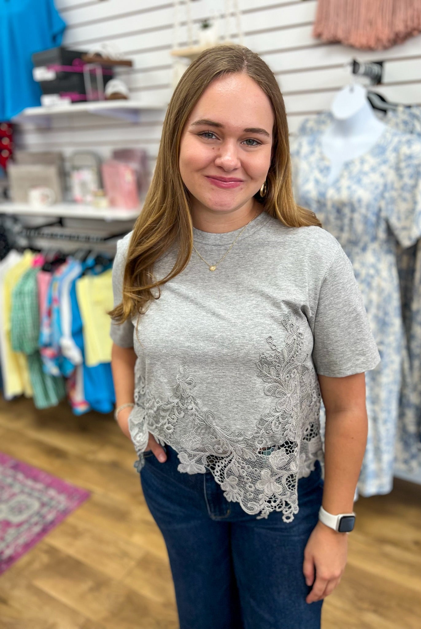 Heather Grey Short Sleeve Cotton Top with Asymmetric Lace Hem - A'Bekah's Boutique
