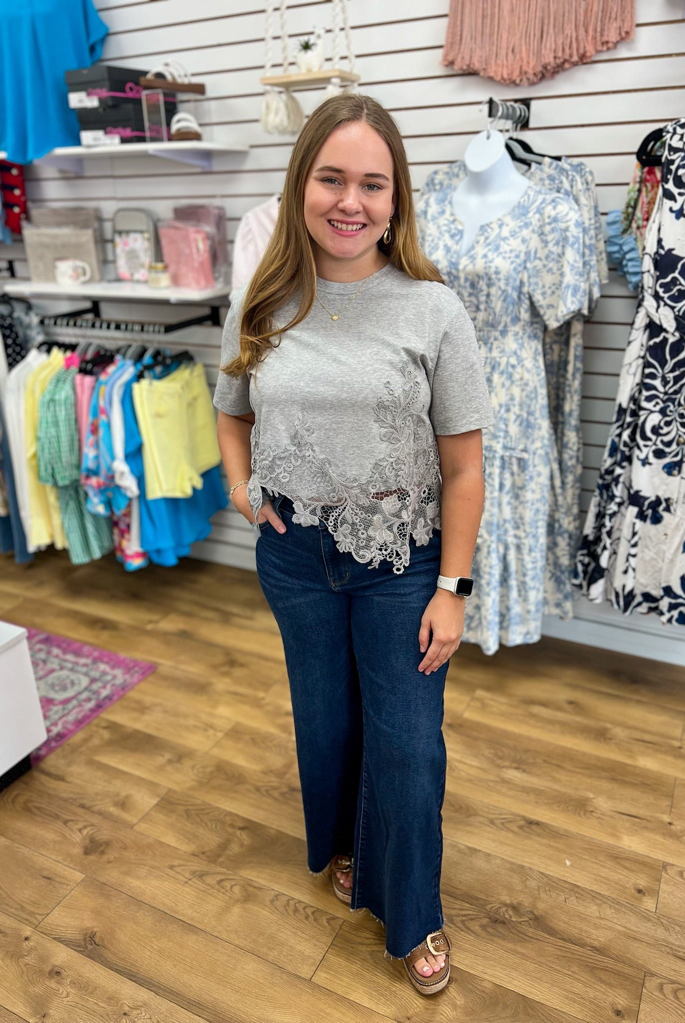 Heather Grey Short Sleeve Cotton Top with Asymmetric Lace Hem - A'Bekah's Boutique