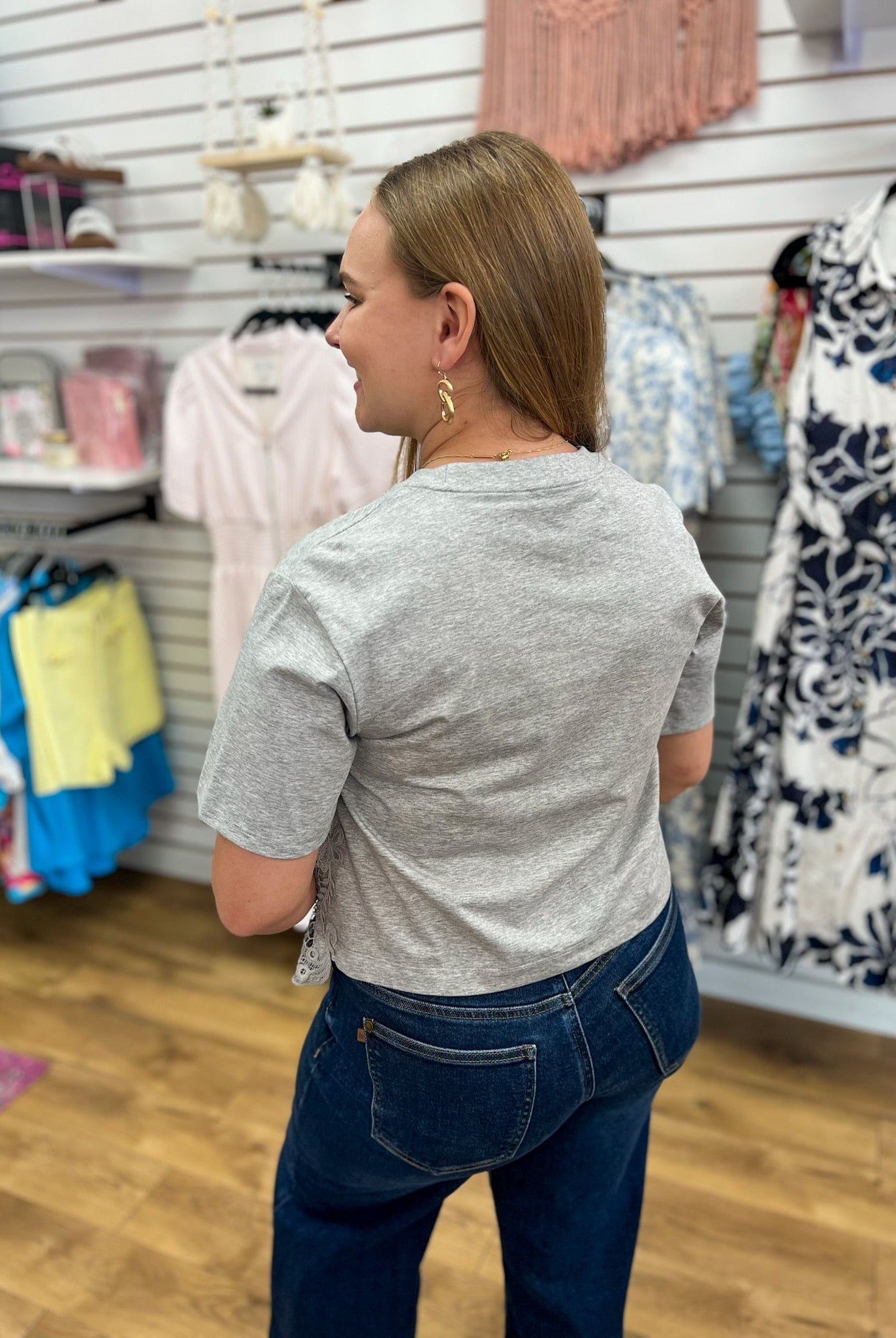 Heather Grey Short Sleeve Cotton Top with Asymmetric Lace Hem - A'Bekah's Boutique