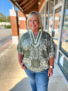 Here She Comes Olive Print V - Neck Top with Contrast Banding (C) - A'Bekah's Boutique