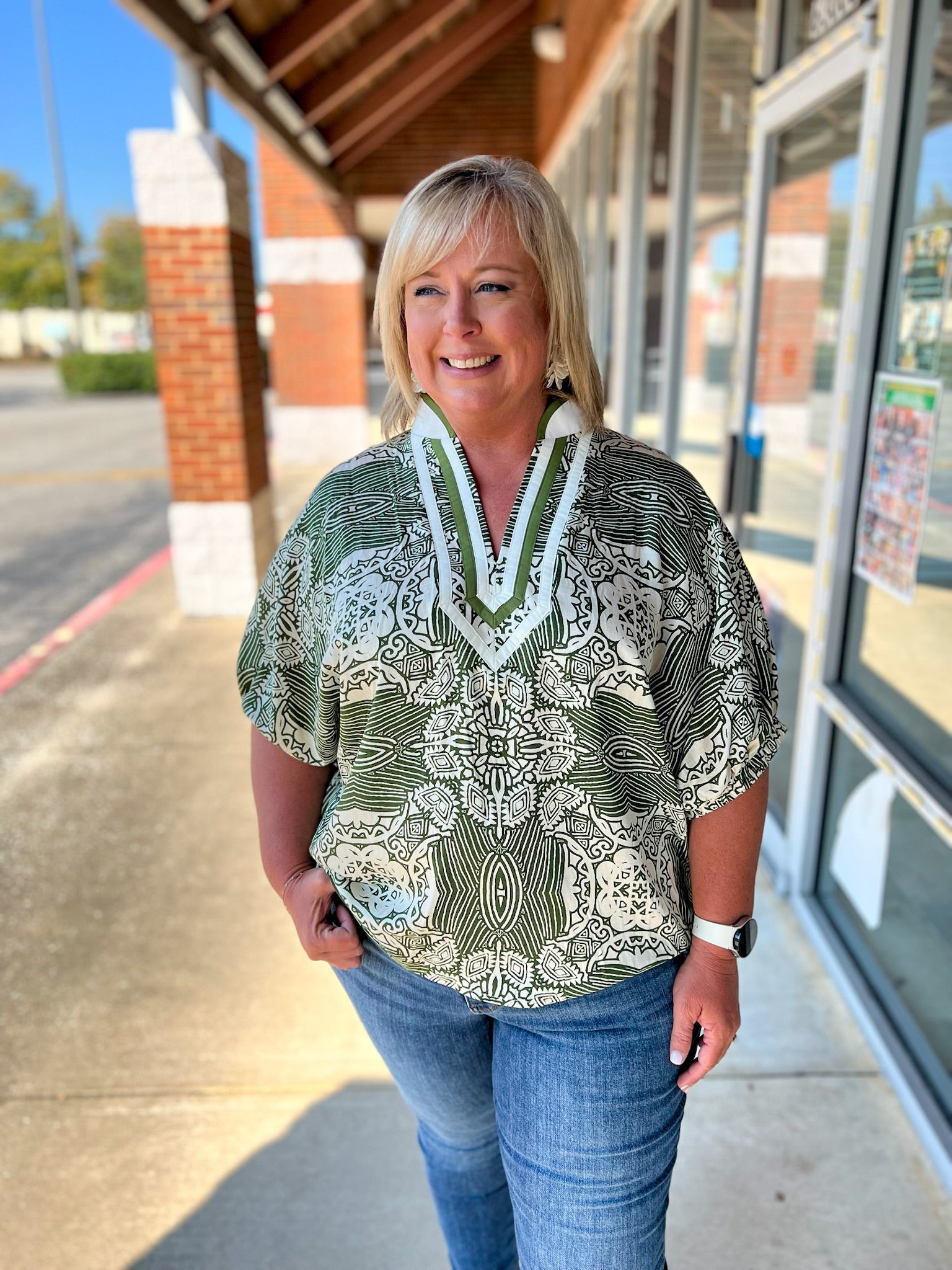 Here She Comes Olive Print V - Neck Top with Contrast Banding (C) - A'Bekah's Boutique