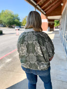 Here She Comes Olive Print V - Neck Top with Contrast Banding (C) - A'Bekah's Boutique