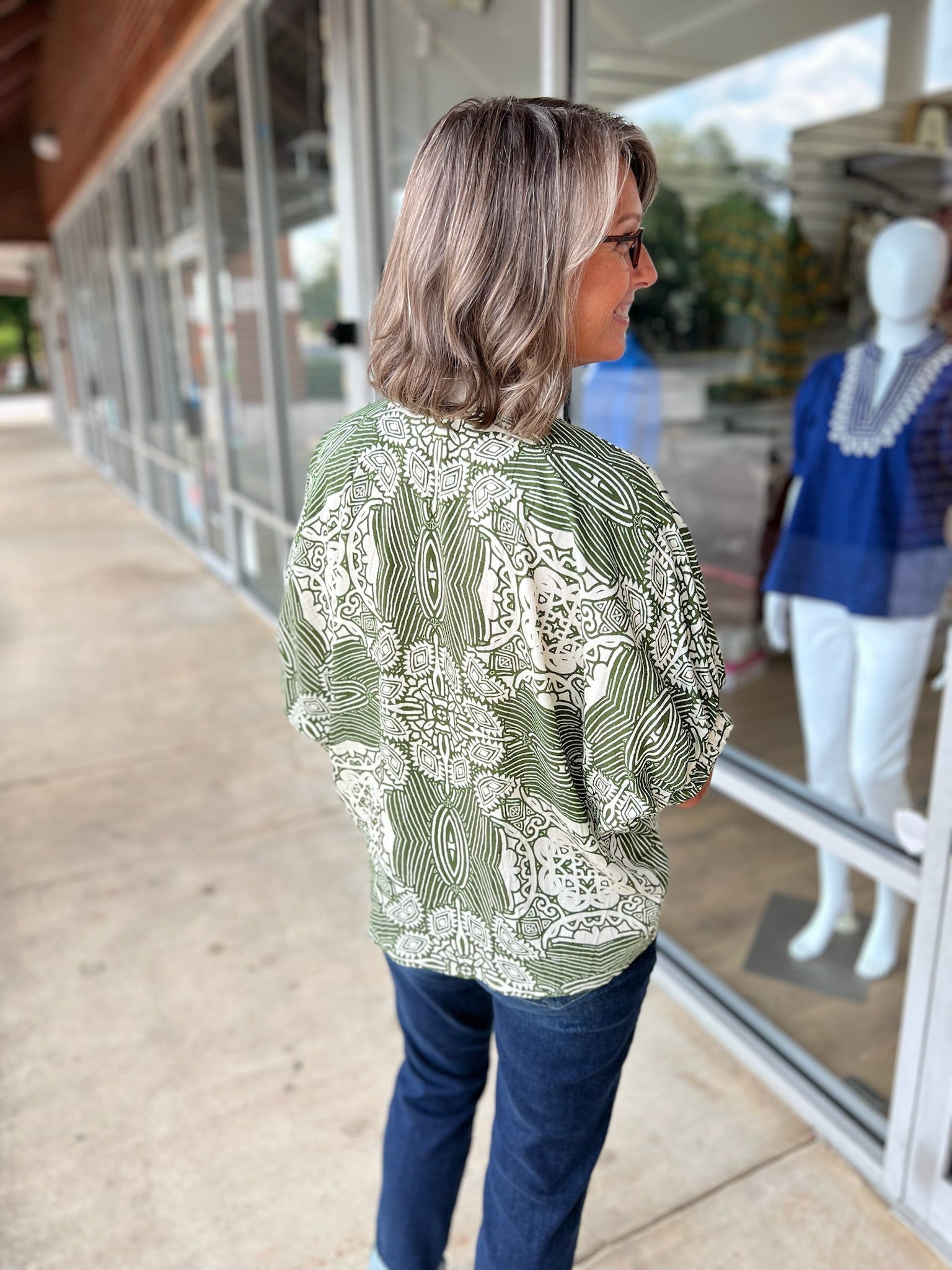 Here She Comes Olive Print V - Neck Top with Contrast Banding (R) - A'Bekah's Boutique