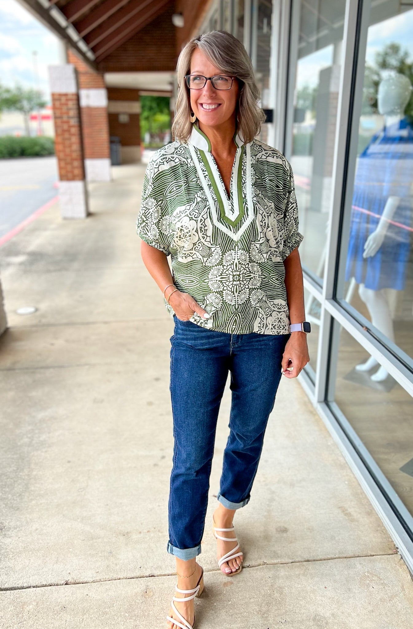 Here She Comes Olive Print V - Neck Top with Contrast Banding (R) - A'Bekah's Boutique