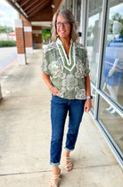 Here She Comes Olive Print V - Neck Top with Contrast Banding (R) - A'Bekah's Boutique