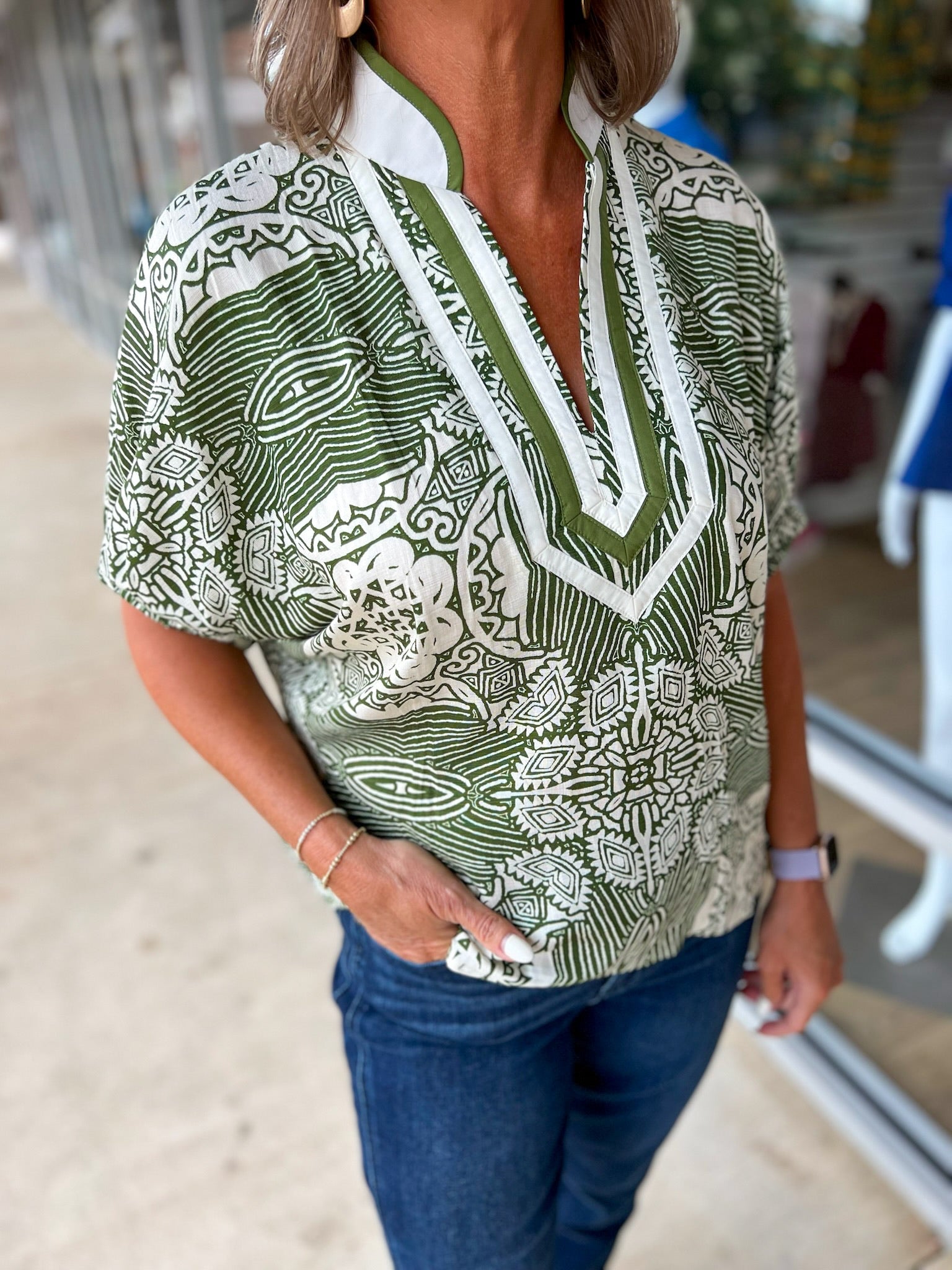 Here She Comes Olive Print V - Neck Top with Contrast Banding (R) - A'Bekah's Boutique