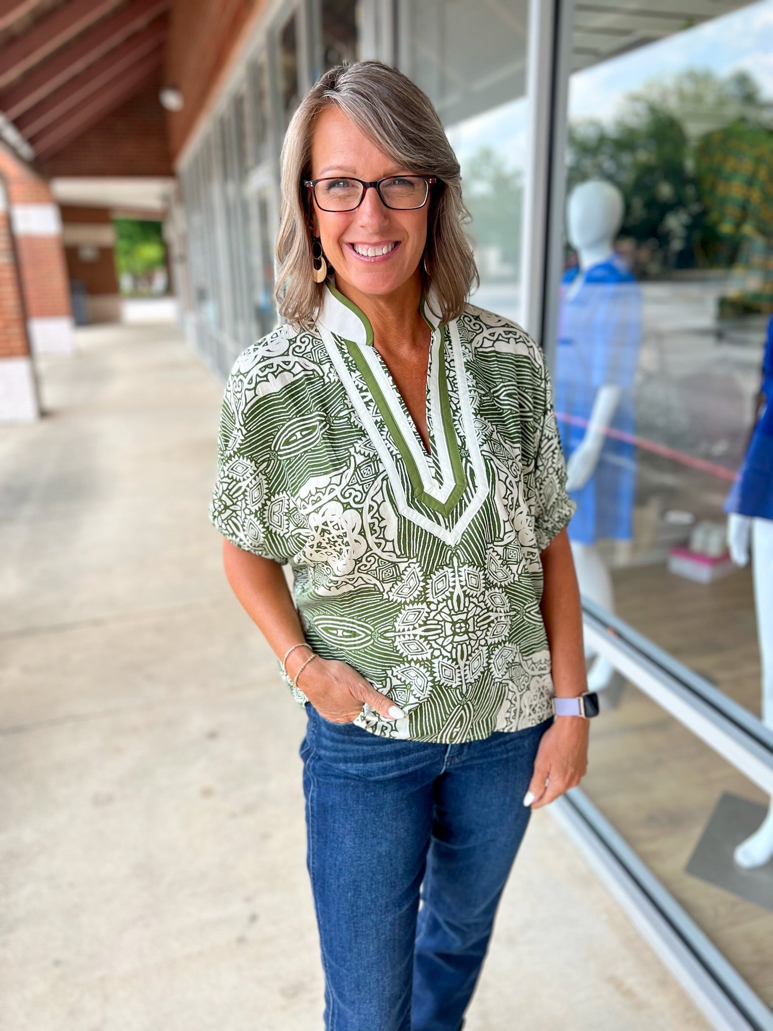 Here She Comes Olive Print V - Neck Top with Contrast Banding (R) - A'Bekah's Boutique