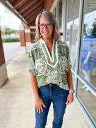 Here She Comes Olive Print V - Neck Top with Contrast Banding (R) - A'Bekah's Boutique