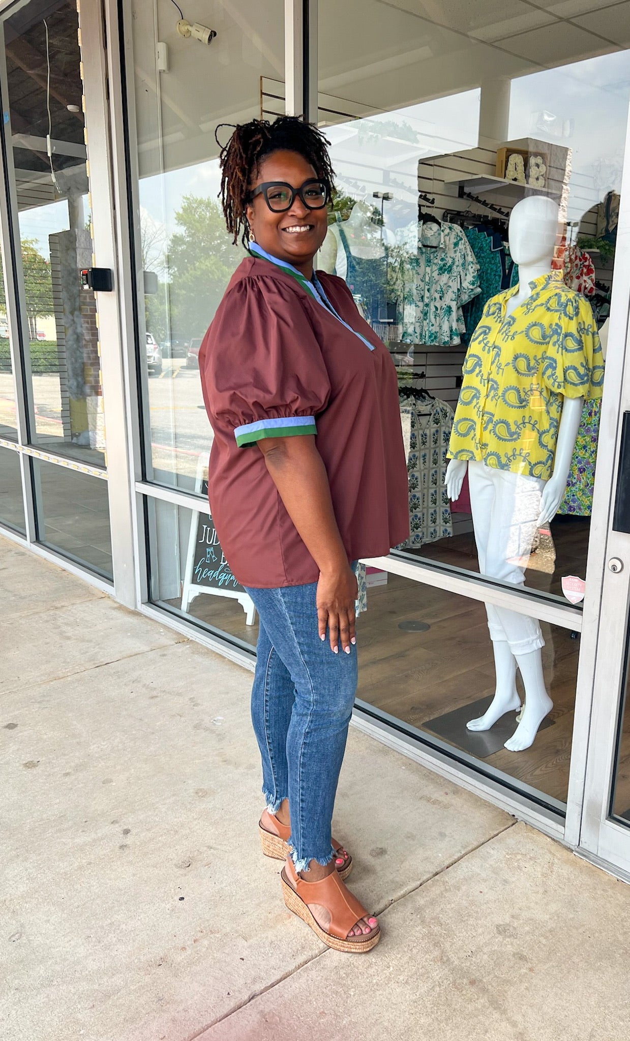 Here You Go Chocolate V - Neck Top with Multicolor Banding (C) - A'Bekah's Boutique