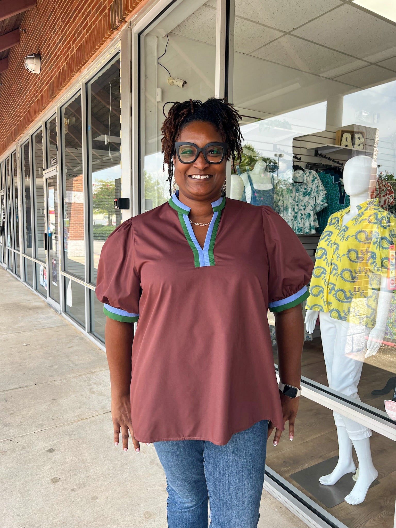 Here You Go Chocolate V - Neck Top with Multicolor Banding (C) - A'Bekah's Boutique
