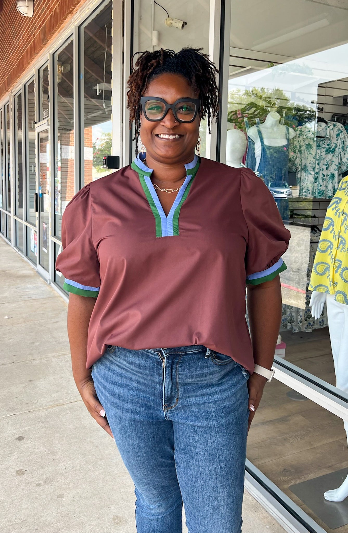 Here You Go Chocolate V - Neck Top with Multicolor Banding (C) - A'Bekah's Boutique