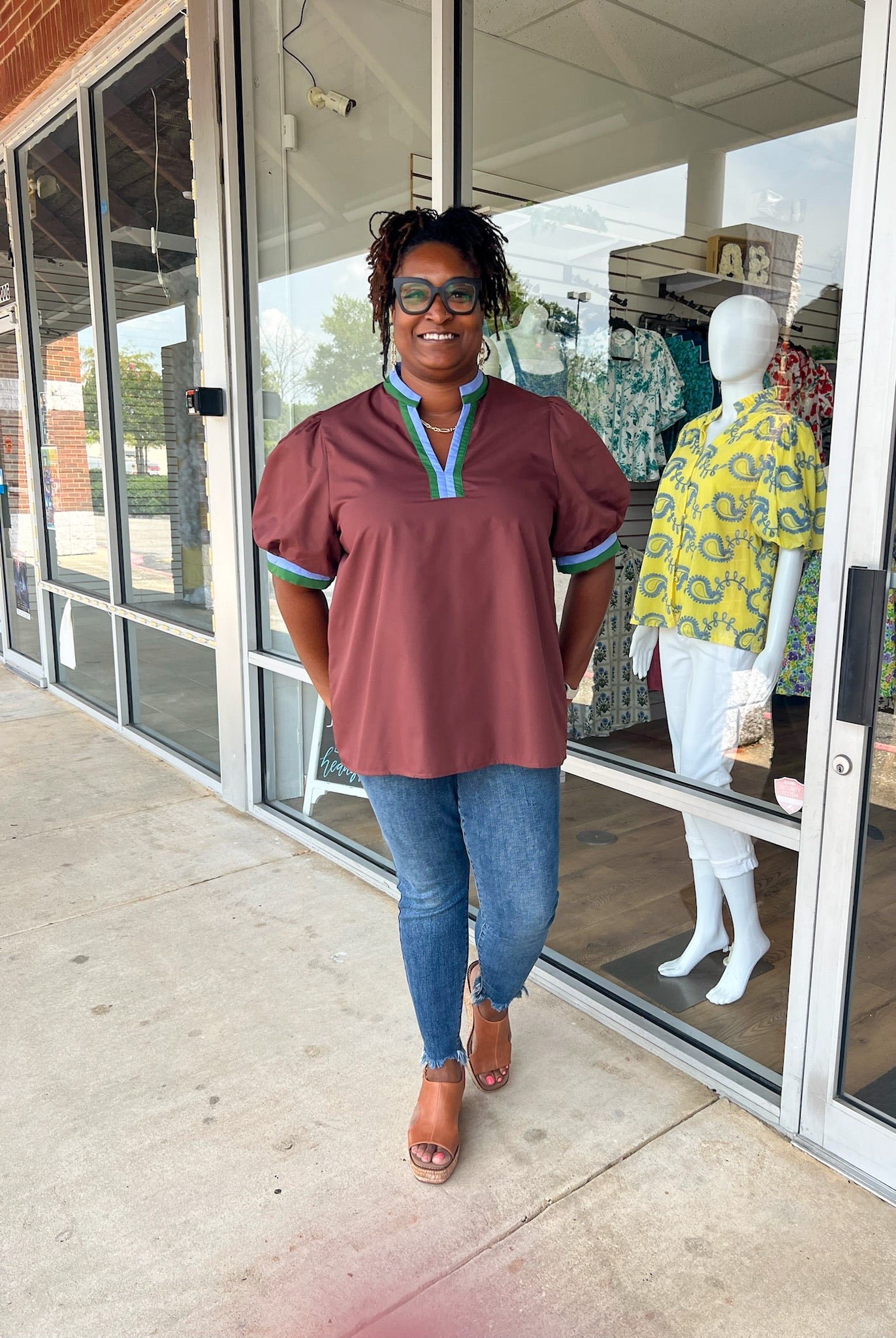 Here You Go Chocolate V - Neck Top with Multicolor Banding (C) - A'Bekah's Boutique