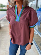 Here You Go Chocolate V - Neck Top with Multicolor Banding (R) - A'Bekah's Boutique