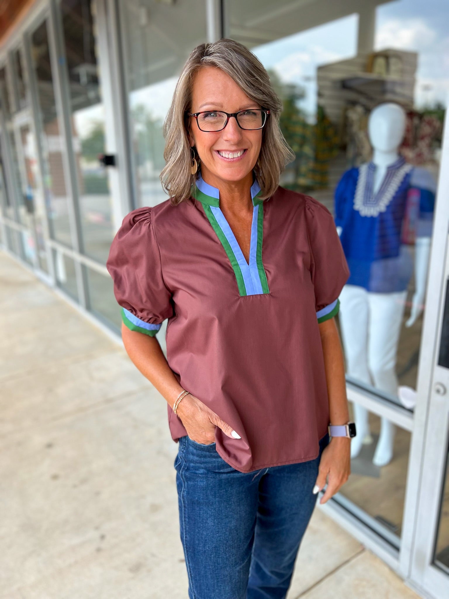 Here You Go Chocolate V - Neck Top with Multicolor Banding (R) - A'Bekah's Boutique