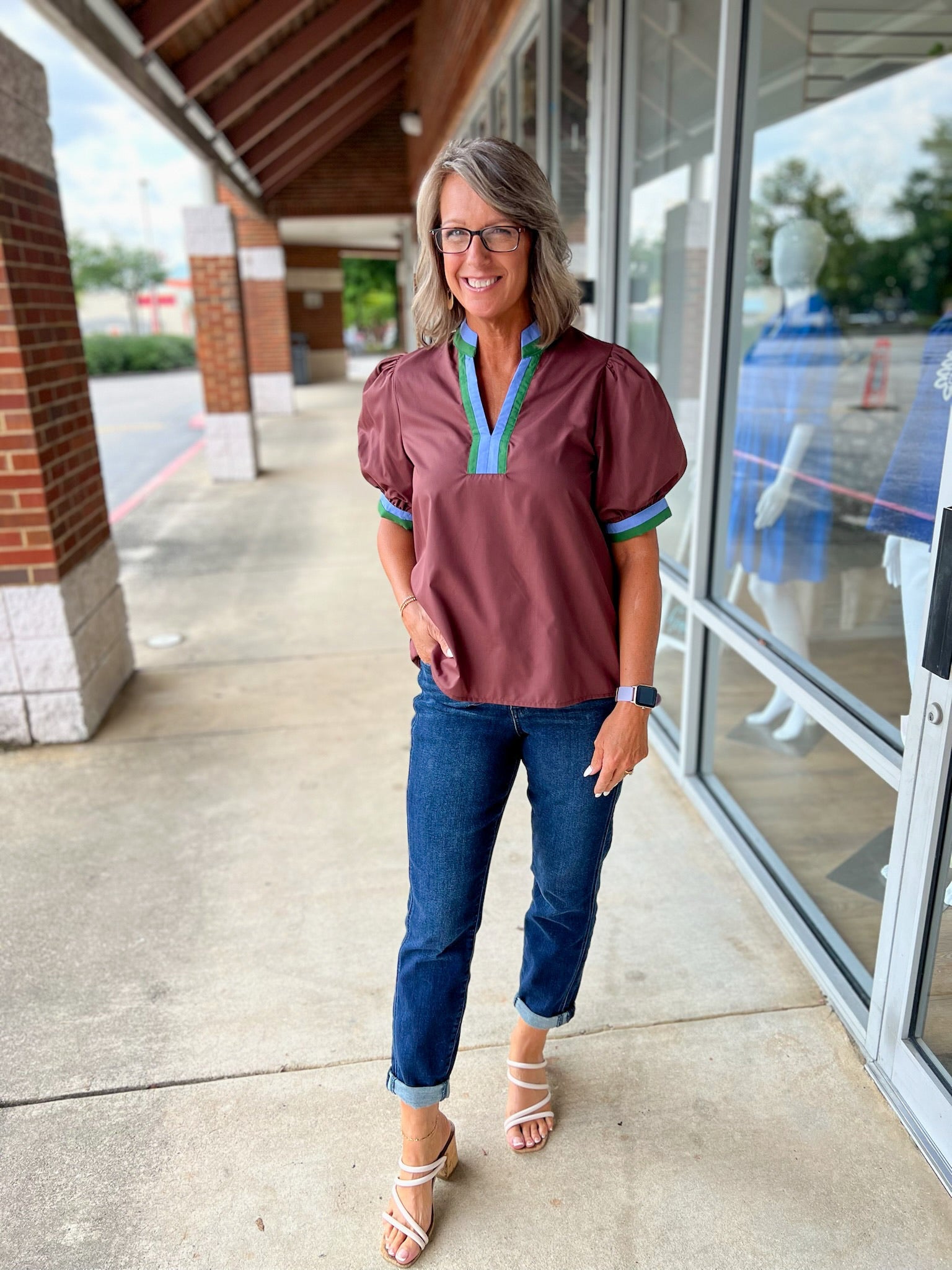 Here You Go Chocolate V - Neck Top with Multicolor Banding (R) - A'Bekah's Boutique