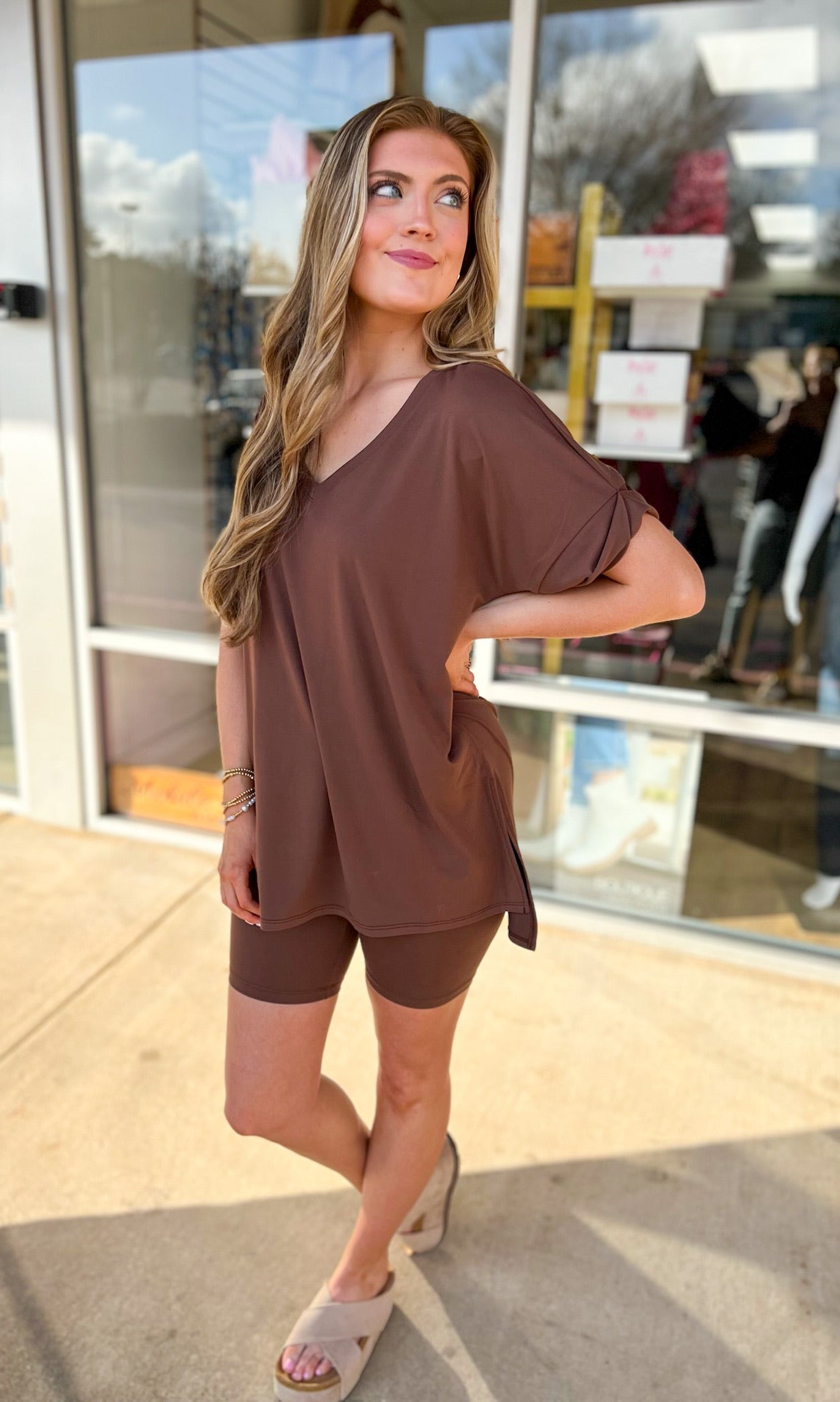 Hey You Brown Microfiber Top and Biker Shorts Set - A'Bekah's Boutique