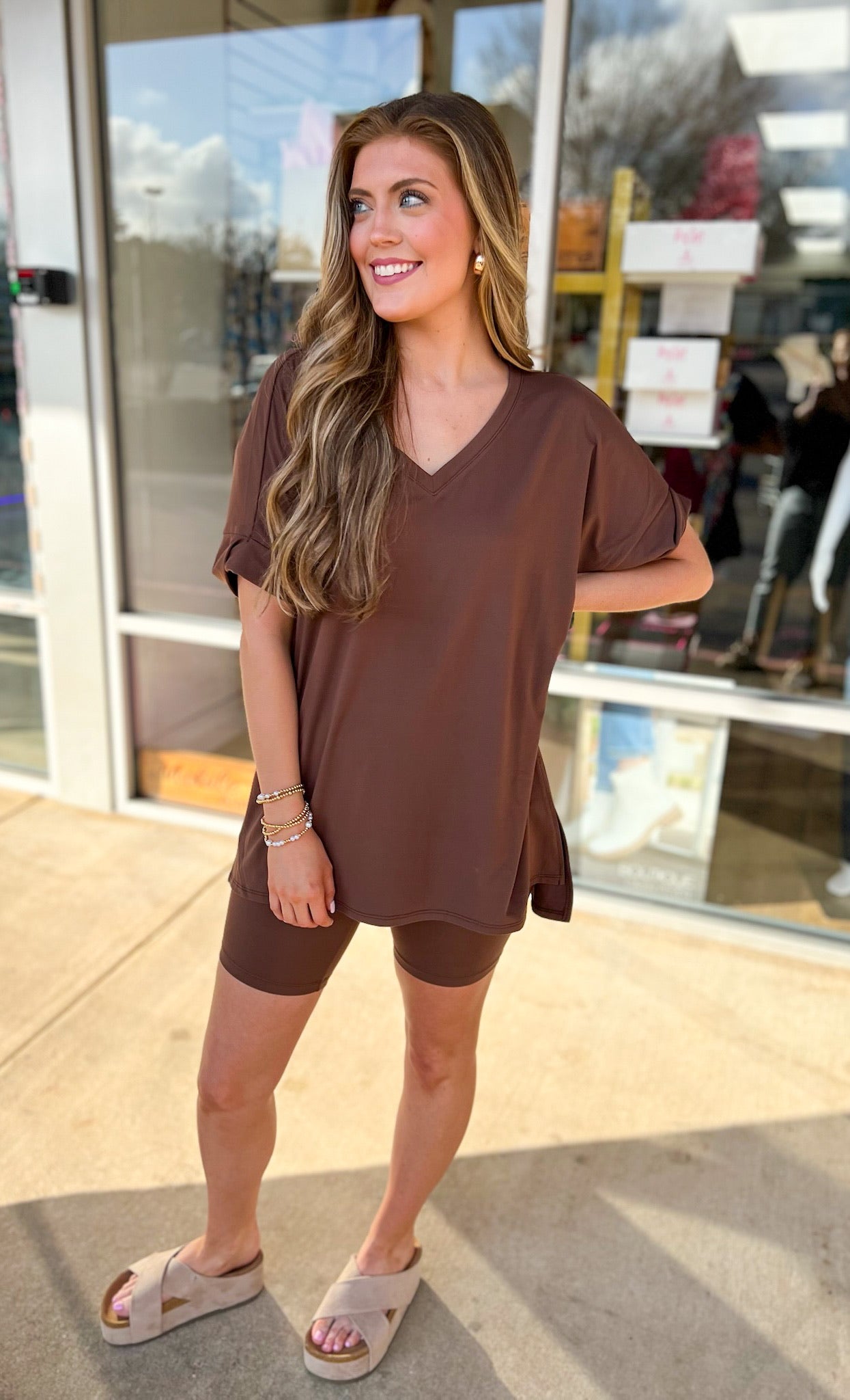 Hey You Brown Microfiber Top and Biker Shorts Set - A'Bekah's Boutique