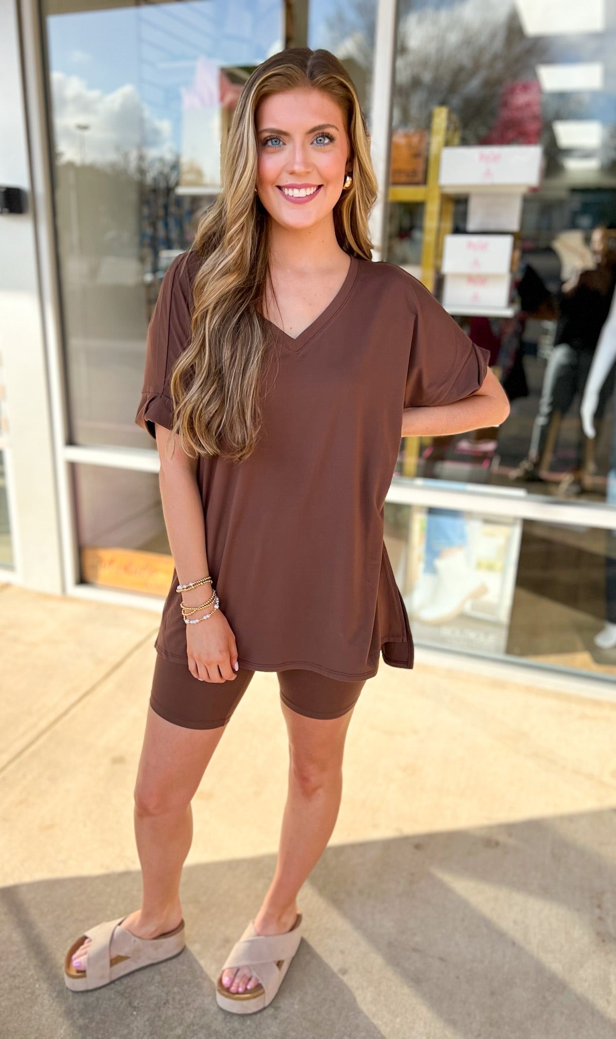 Hey You Brown Microfiber Top and Biker Shorts Set - A'Bekah's Boutique