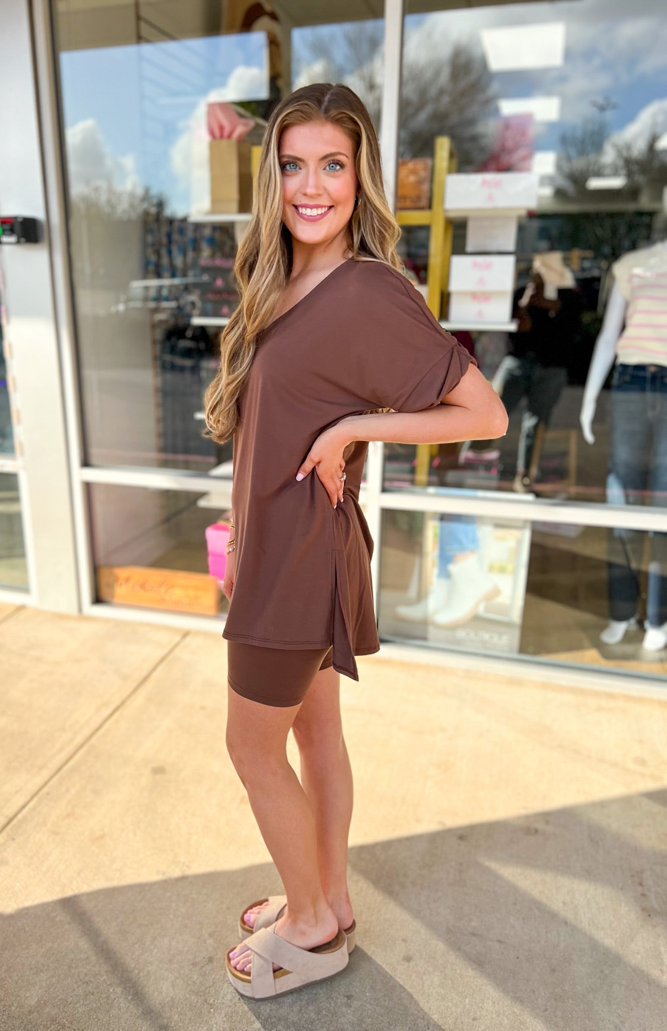Hey You Brown Microfiber Top and Biker Shorts Set - A'Bekah's Boutique
