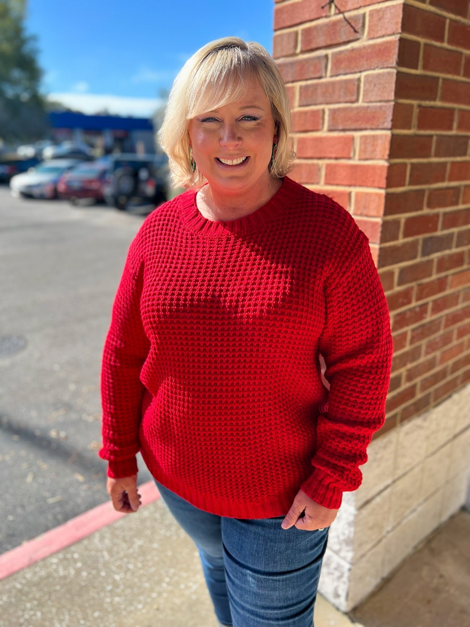 Hold On Curvy Ruby Red Waffle Knit Sweater - A'Bekah's Boutique