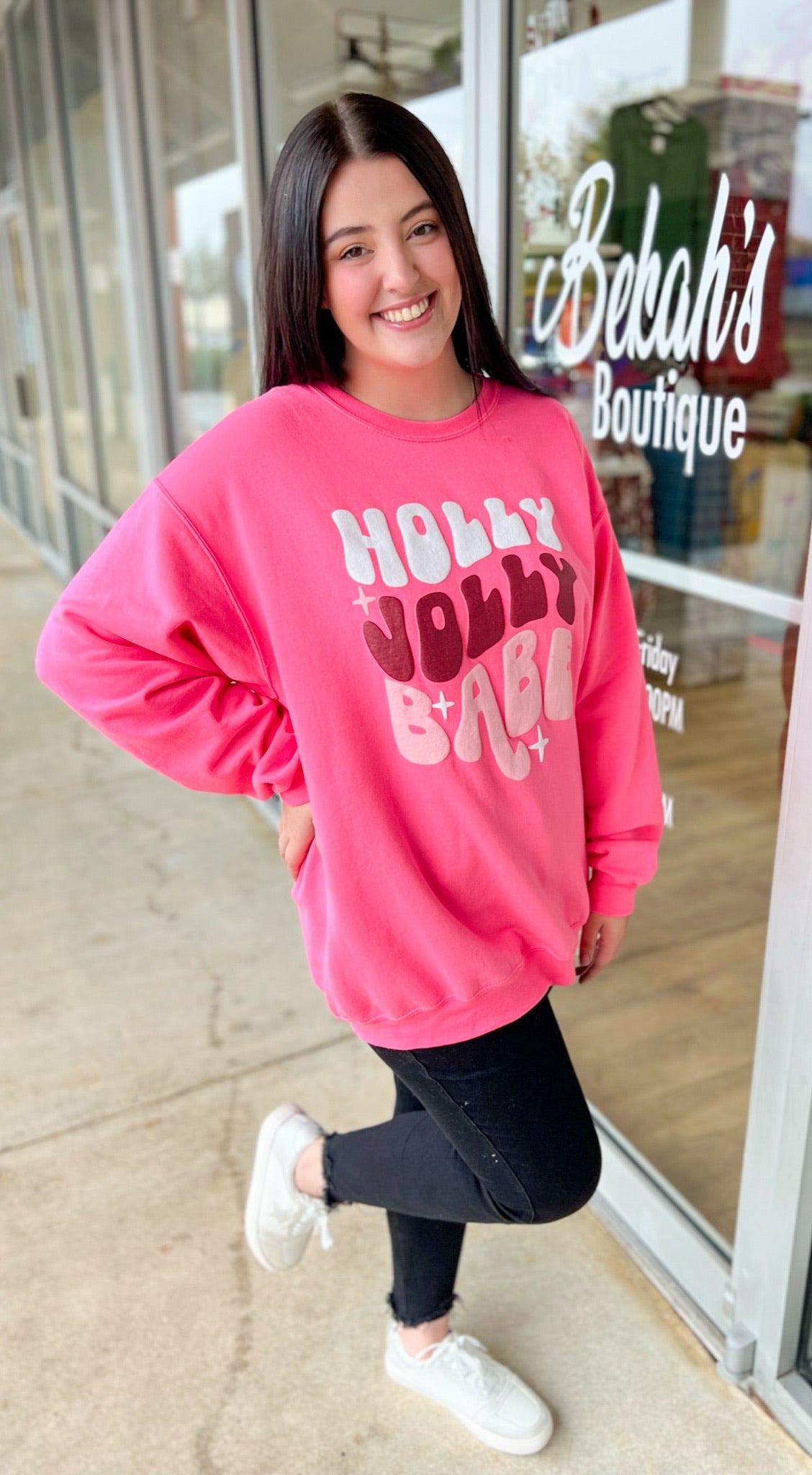 Holly Jolly Babe Pink Sweatshirt with Puff Lettering - A'Bekah's Boutique