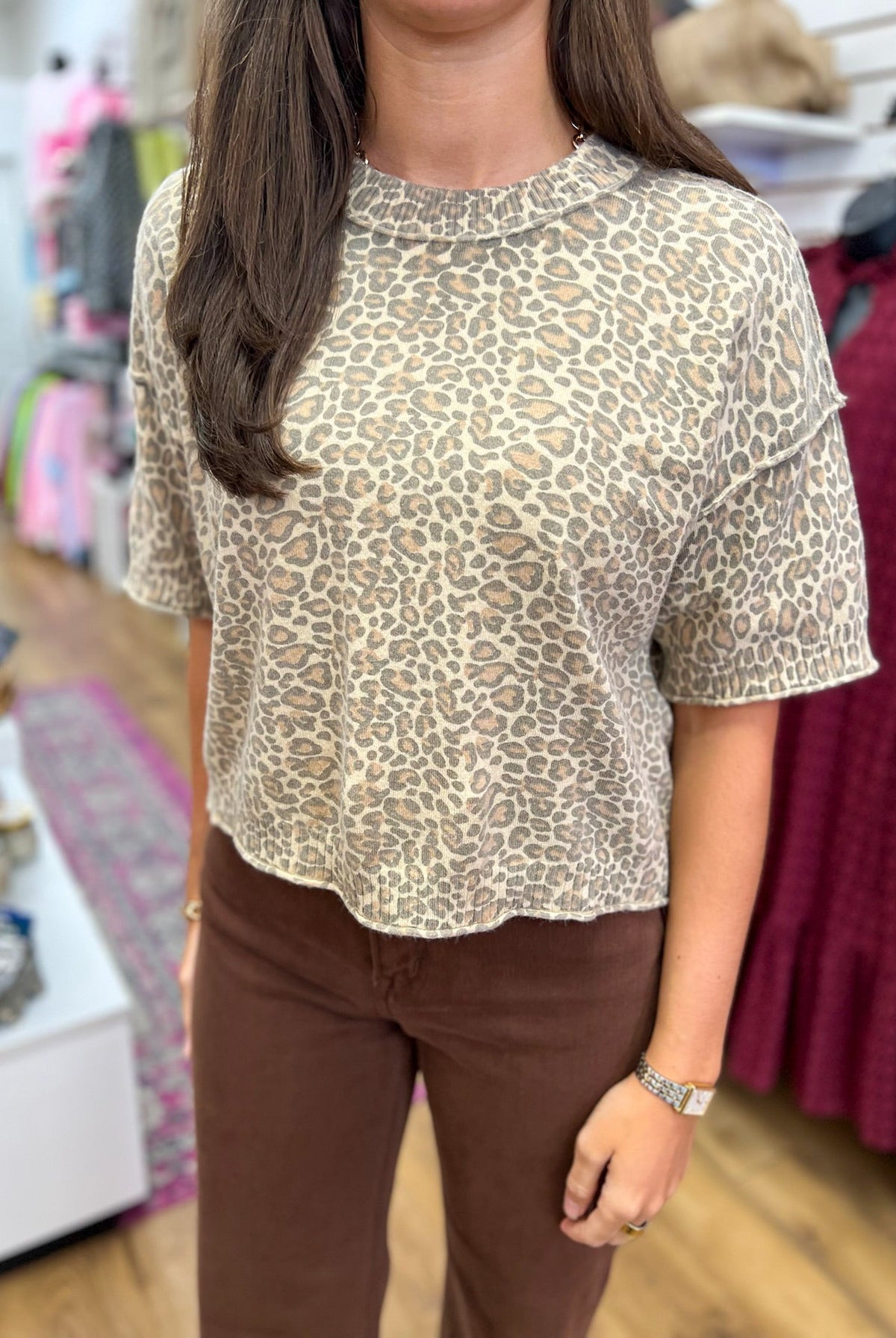 Honey Taupe Leopard Print Short Sleeve Cropped Top - A'Bekah's Boutique