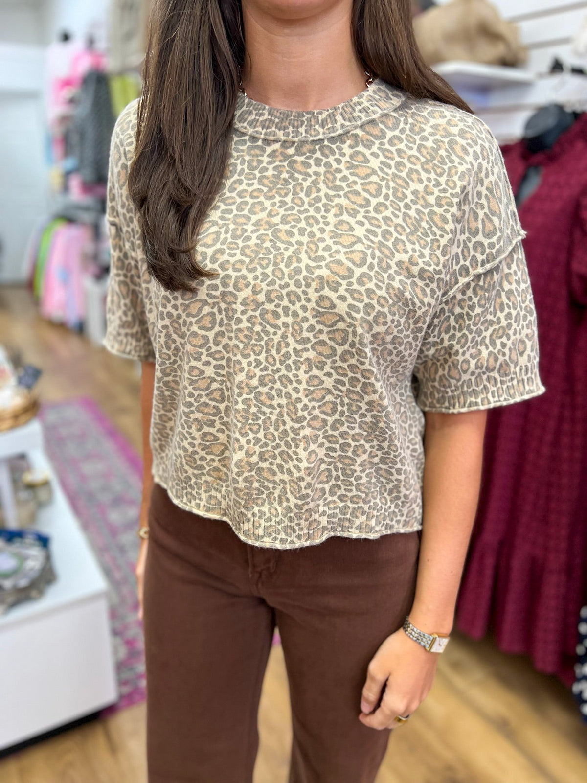 Honey Taupe Leopard Print Short Sleeve Cropped Top - A'Bekah's Boutique