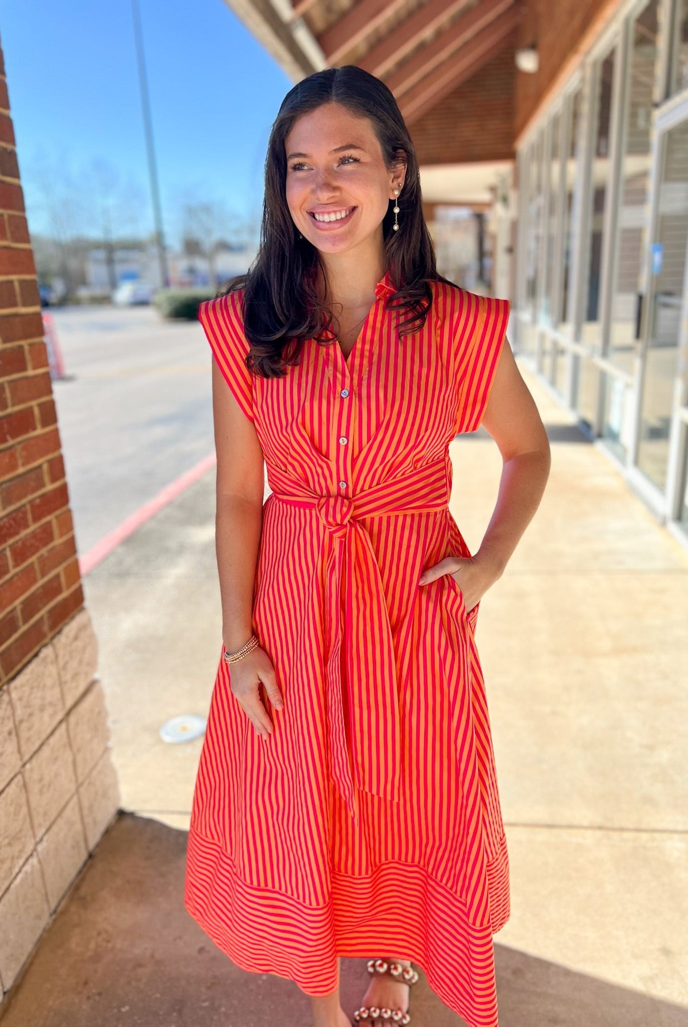 Hot Pink Striped Midi Dress with Tie Waist - A'Bekah's Boutique
