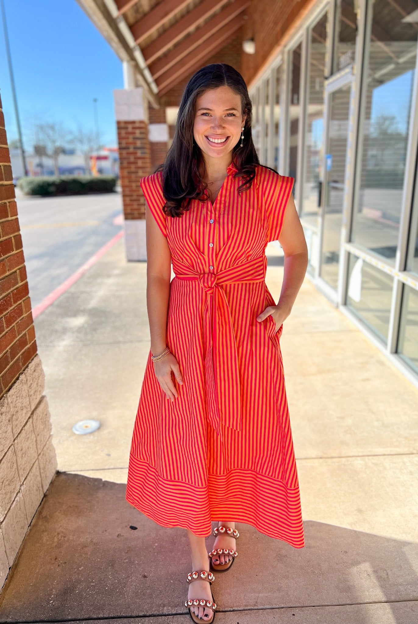 Hot Pink Striped Midi Dress with Tie Waist - A'Bekah's Boutique