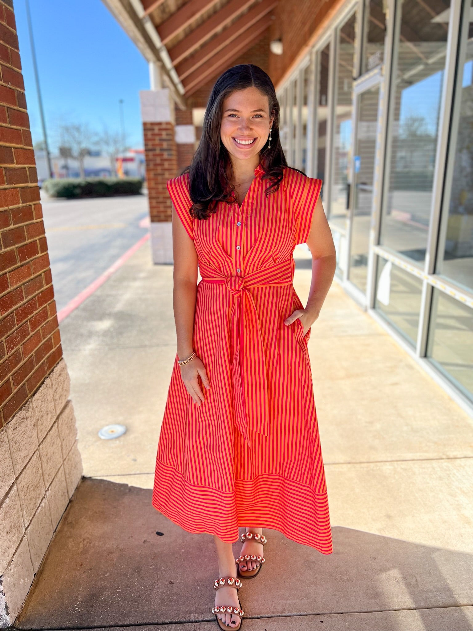 Hot Pink Striped Midi Dress with Tie Waist - A'Bekah's Boutique