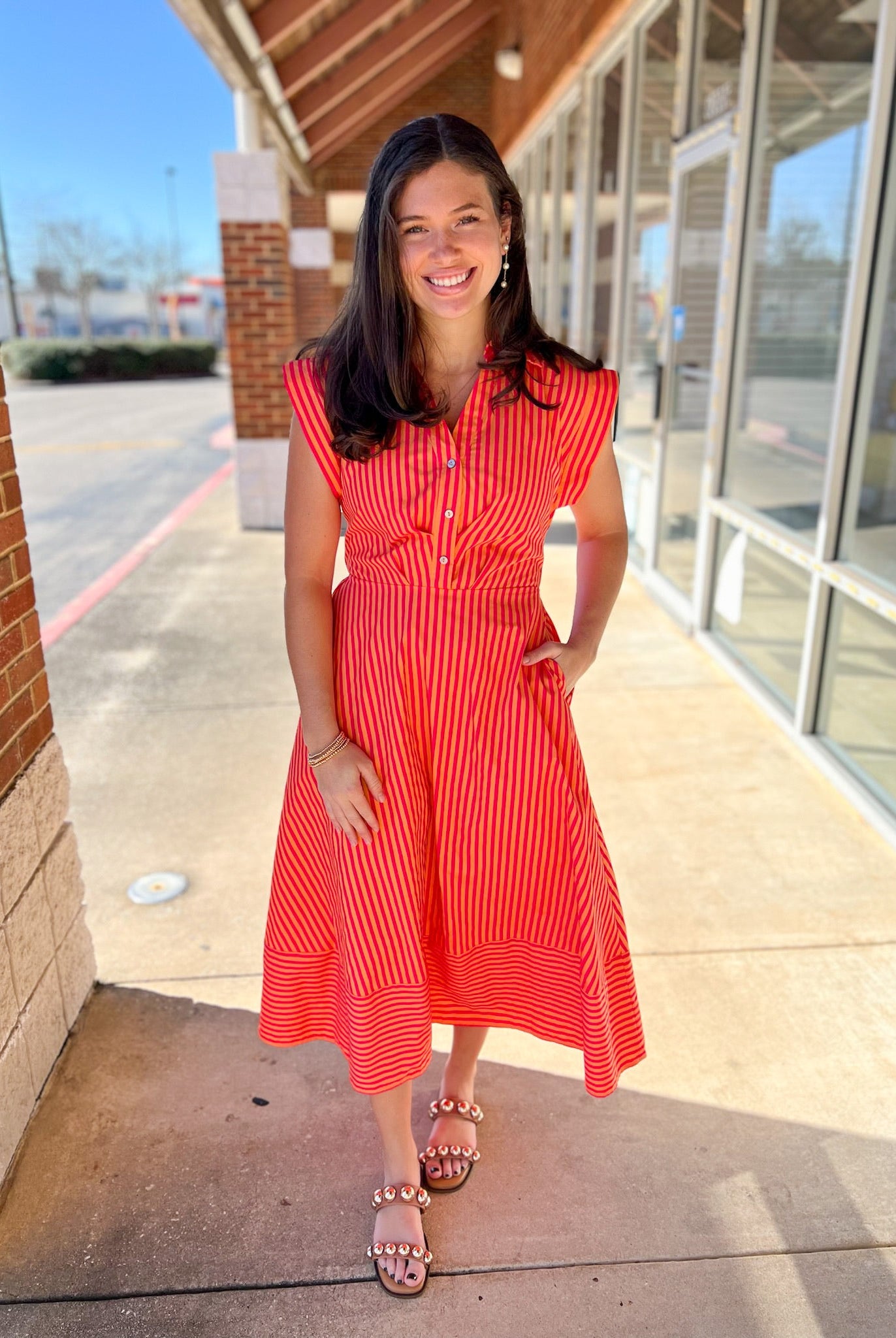Hot Pink Striped Midi Dress with Tie Waist - A'Bekah's Boutique