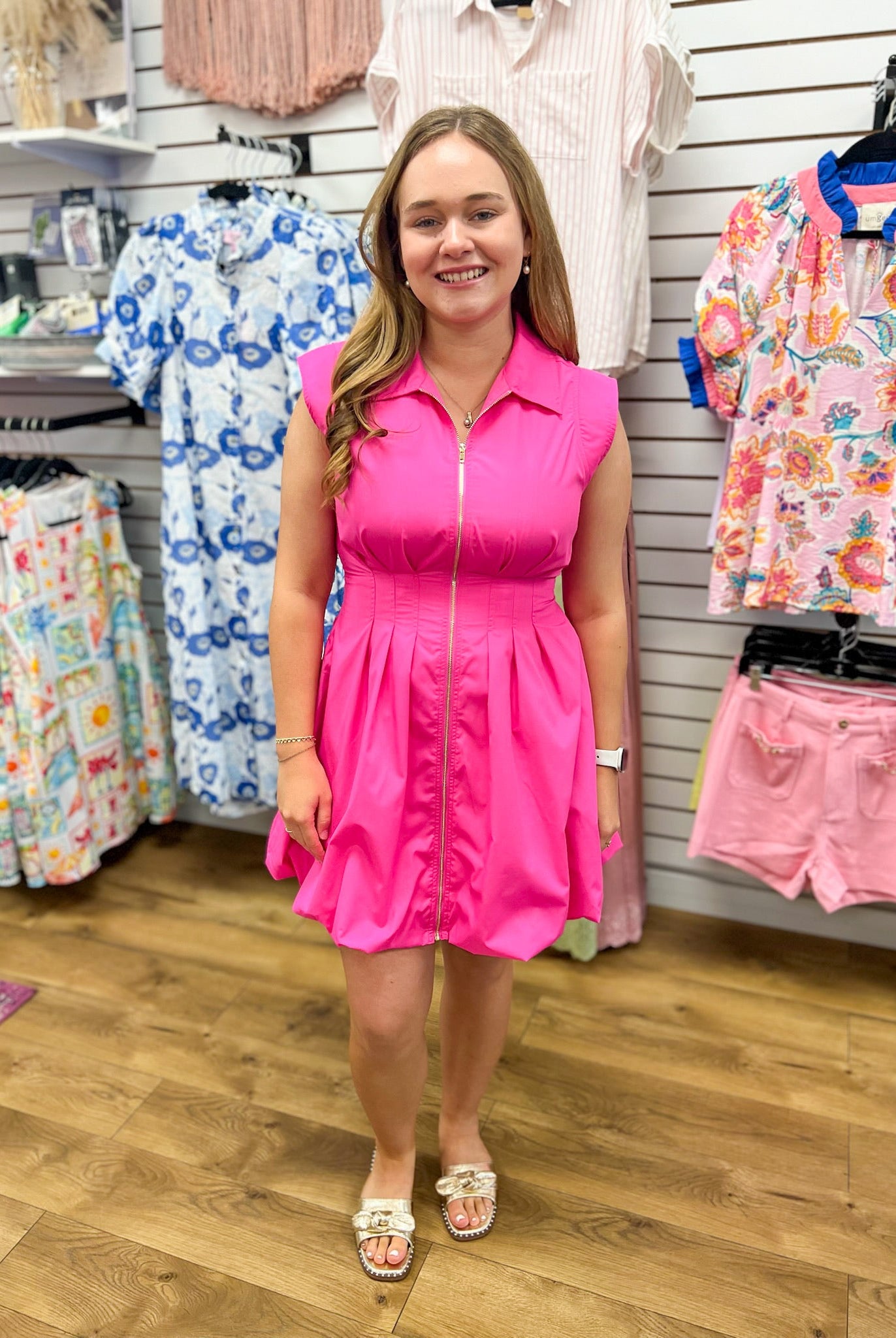 Hot Pink Zip Front Dress with Bubble Hem - A'Bekah's Boutique