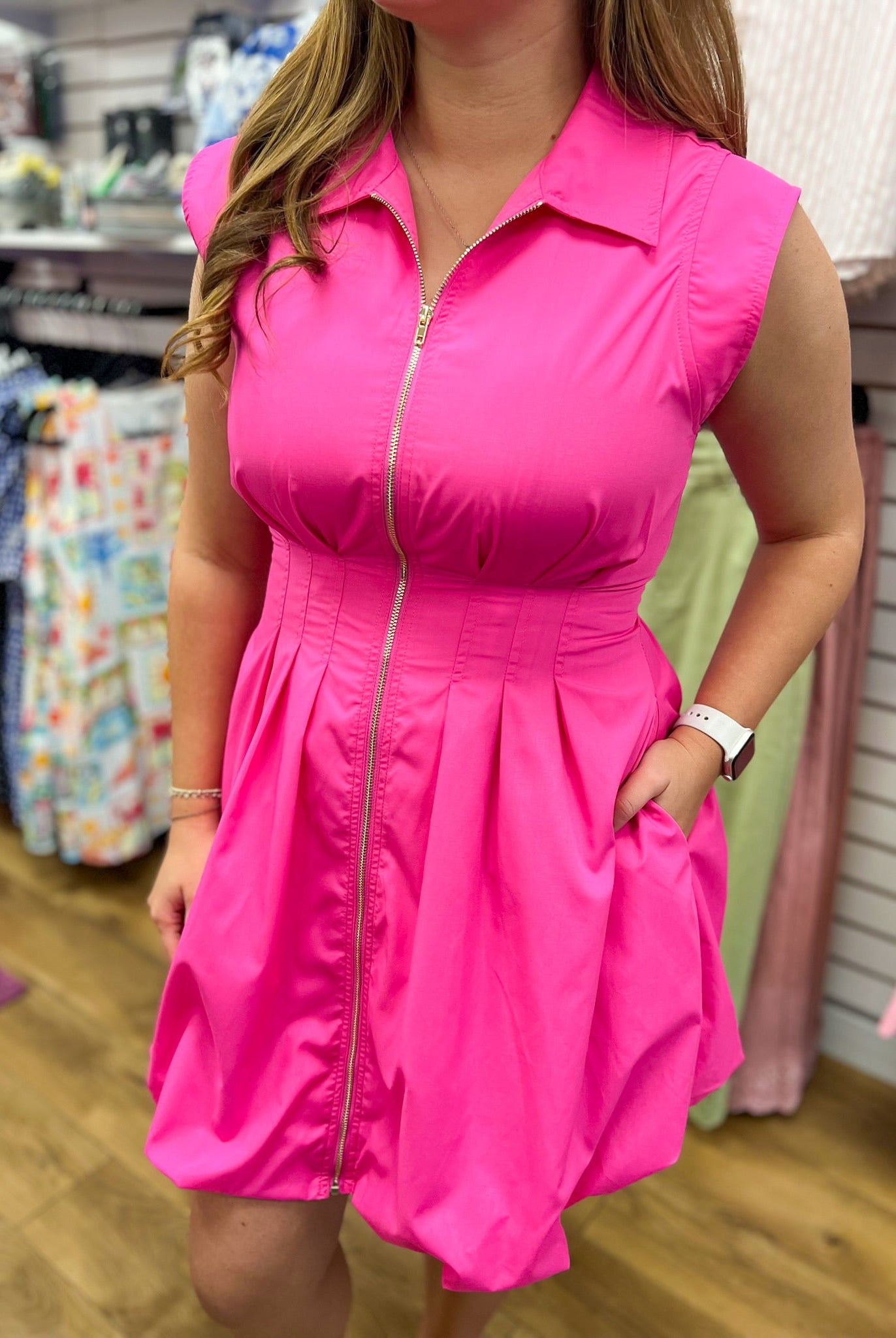 Hot Pink Zip Front Dress with Bubble Hem - A'Bekah's Boutique