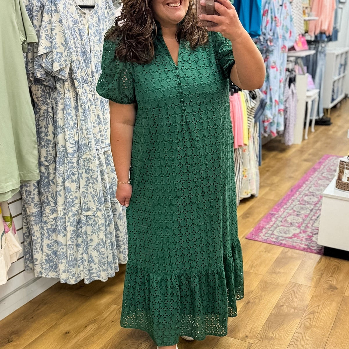 hunter green dress short Eyelet Lace V-Neck Midi with Puff Sleeves SCH005647_P