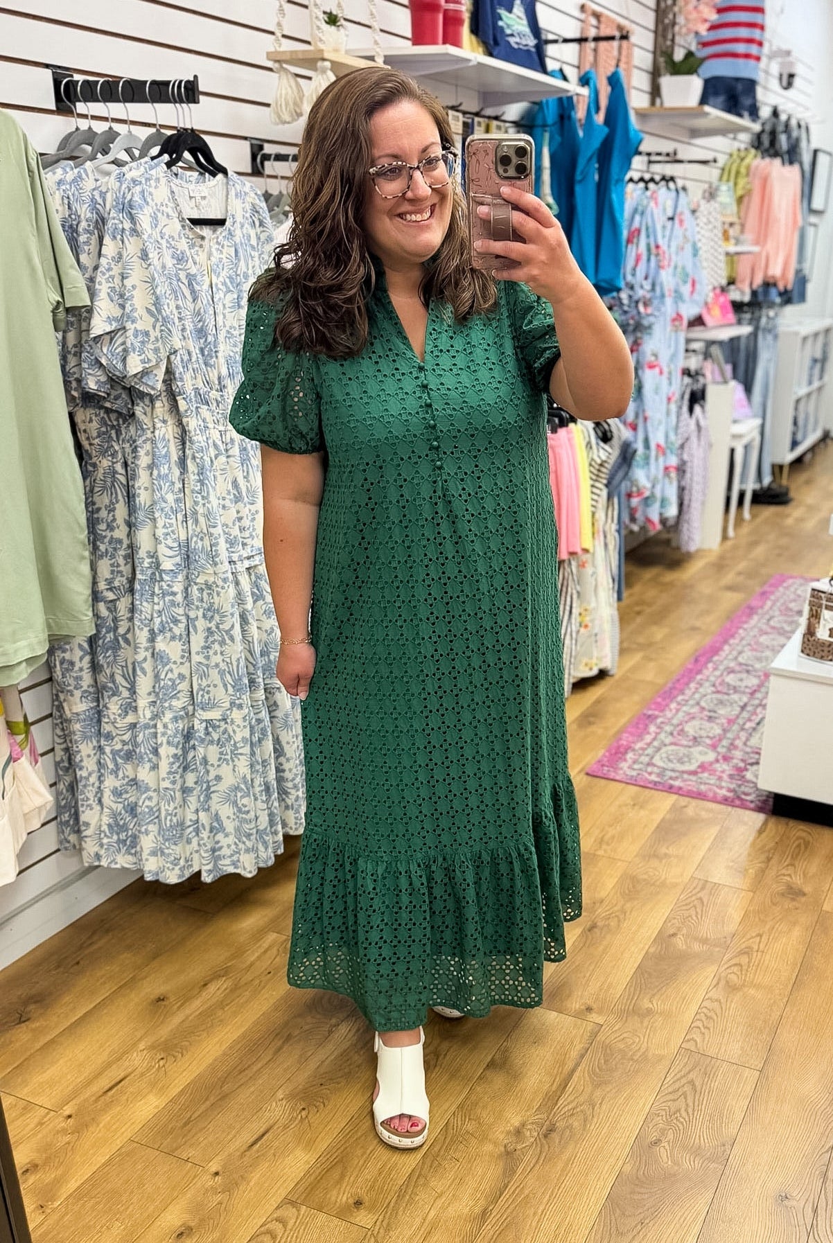 Hunter Green Eyelet Lace V-Neck Midi Dress with Short Puff Sleeves - A'Bekah's Boutique