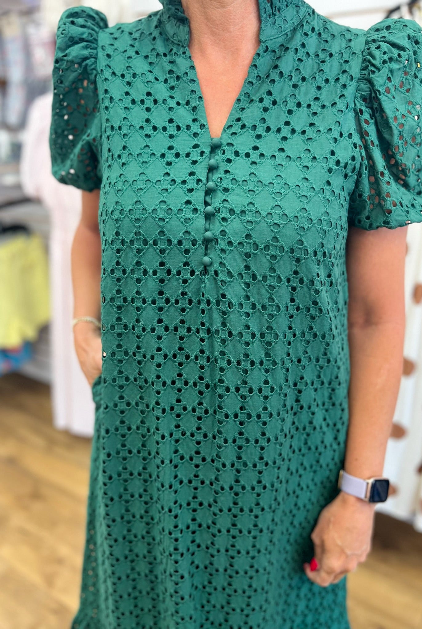 Hunter Green Eyelet Lace V-Neck Midi Dress with Short Puff Sleeves - A'Bekah's Boutique