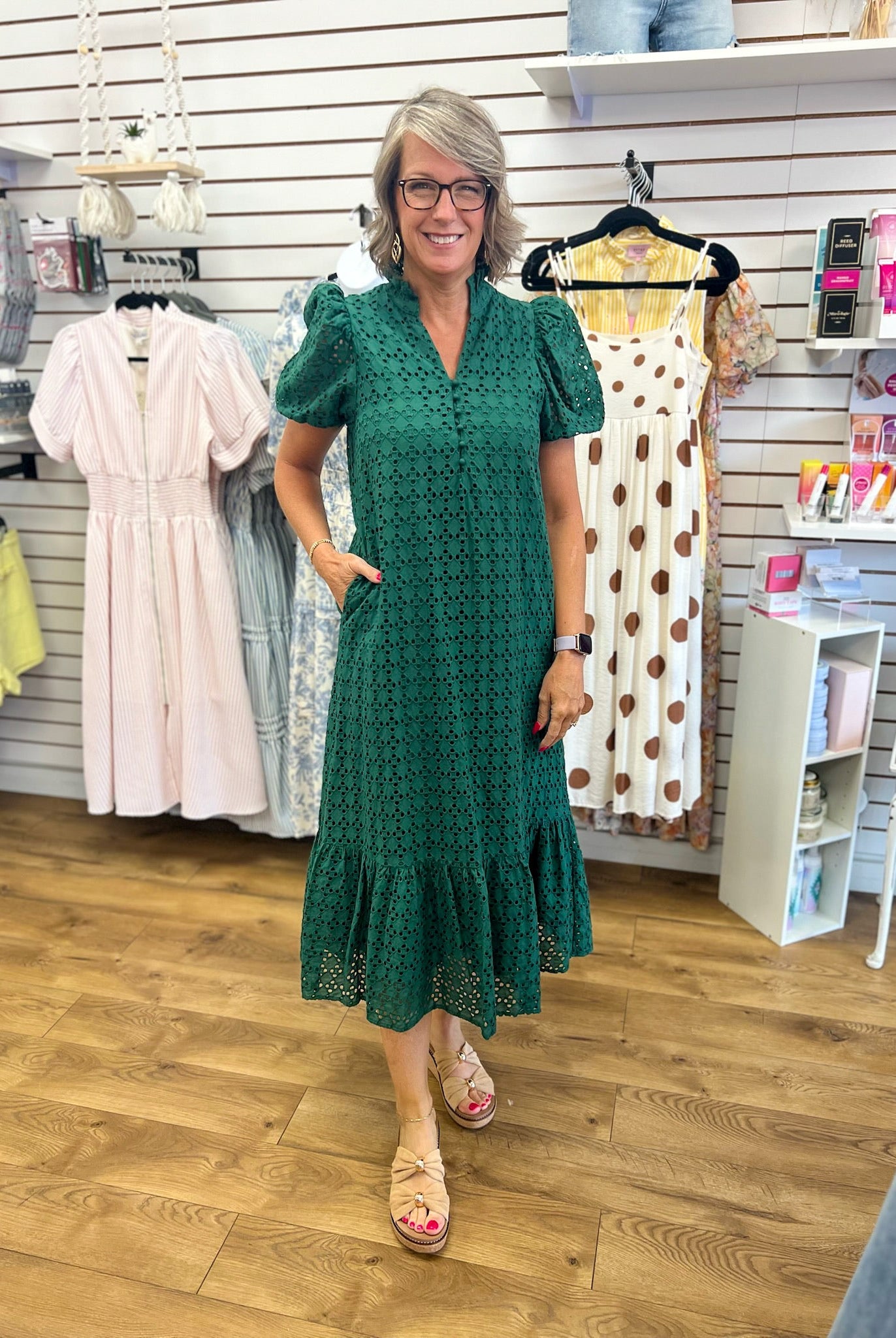 Hunter Green Eyelet Lace V-Neck Midi Dress with Short Puff Sleeves - A'Bekah's Boutique