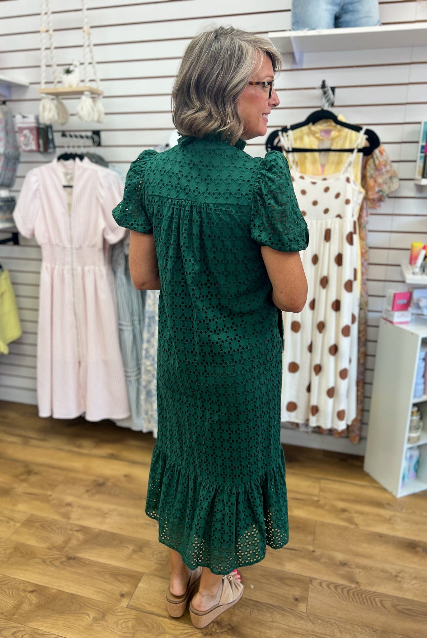 Hunter Green Eyelet Lace V-Neck Midi Dress with Short Puff Sleeves - A'Bekah's Boutique