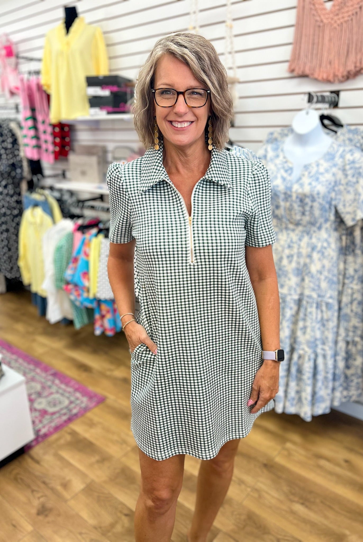 Hunter Green Gingham Half Zip Dress with Pockets - A'Bekah's Boutique