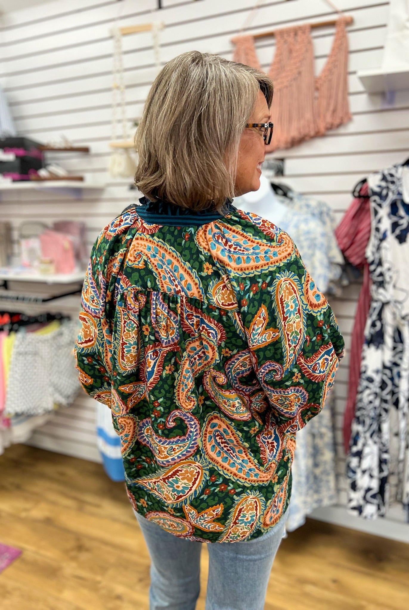 Hunter Green Paisley Print V-Neck Top with Bubble Sleeves - A'Bekah's Boutique