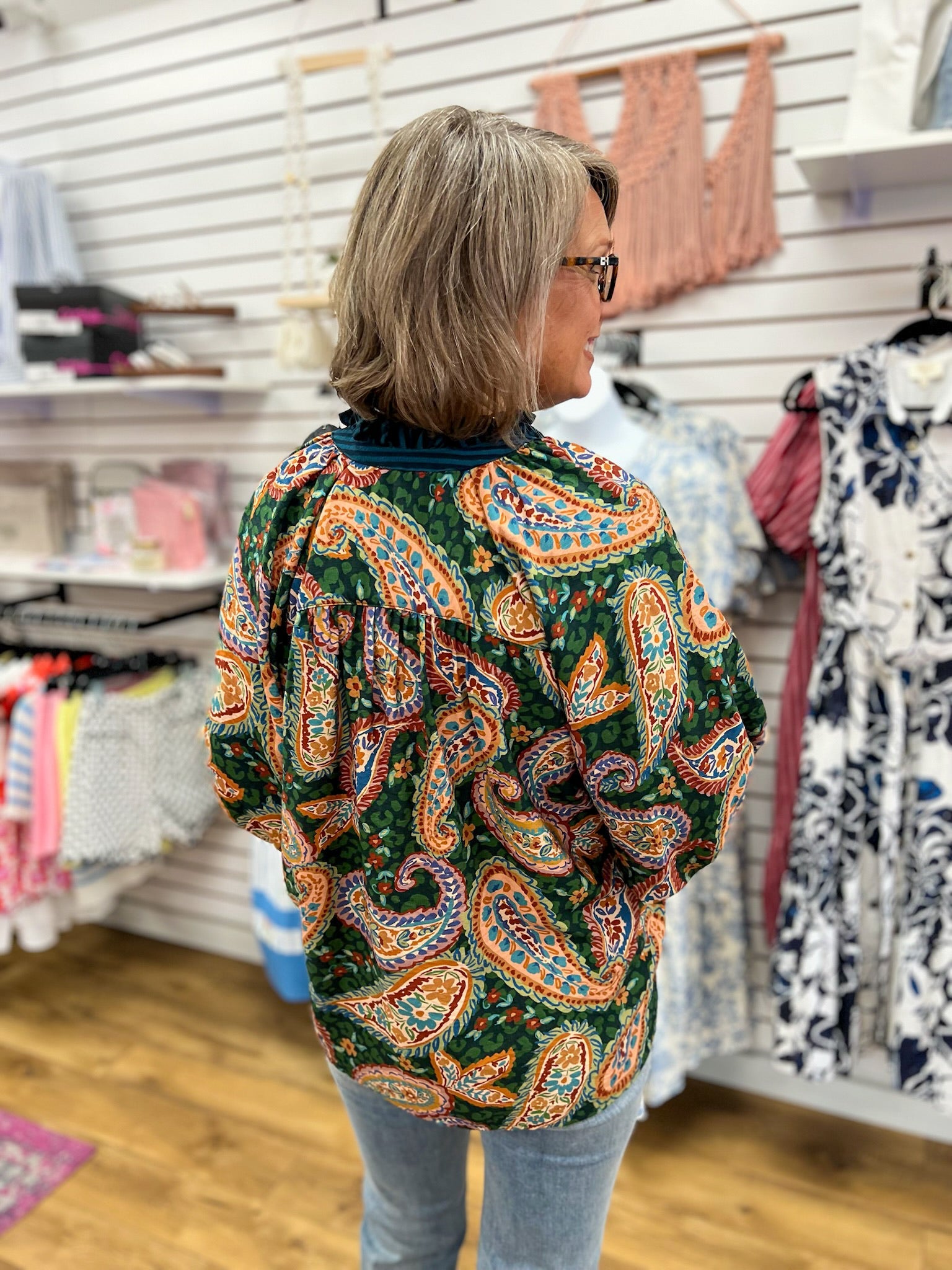 Hunter Green Paisley Print V-Neck Top with Bubble Sleeves - A'Bekah's Boutique