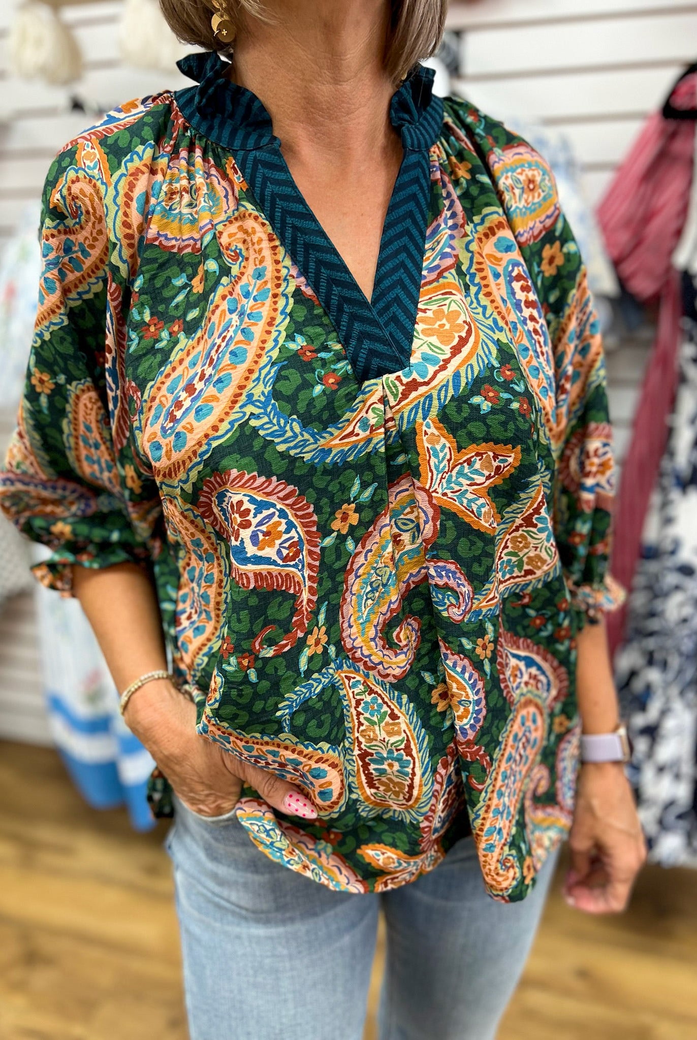 Hunter Green Paisley Print V-Neck Top with Bubble Sleeves - A'Bekah's Boutique