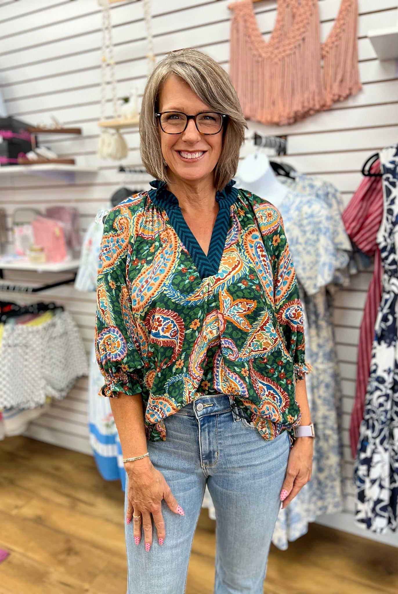 Hunter Green Paisley Print V-Neck Top with Bubble Sleeves - A'Bekah's Boutique